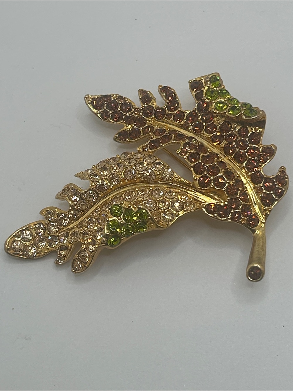 KJL Autumn Fall - Gold-Tone Leaf Crystal Brooch with Green and Brown Accents